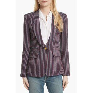 SMYTHE Blue Red Striped 100% Linen Single Breasted Peak Lapel Blazer, Size 10